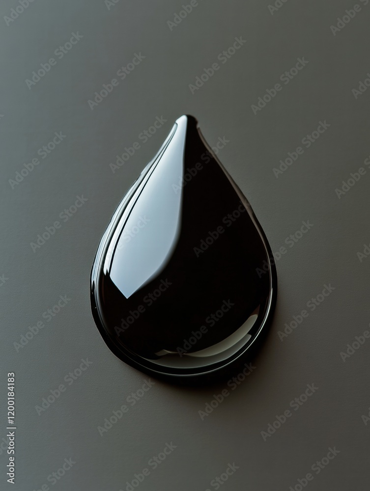Poster Single black oil drop reflecting light on smooth surface, showcasing its glossy texture and unique shape. Generative AI
