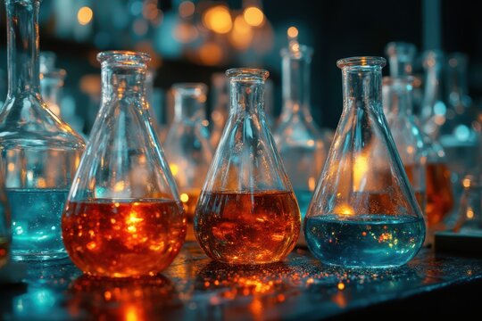 many different colored liquids are sitting in glass flasks