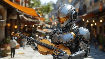 A futuristic robot playing a violin in a vibrant marketplace.