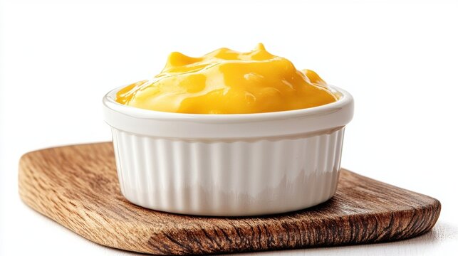 food photography, cheddar cheese sauce in a white ceramic ramekin on a wooden board, against a clean white background