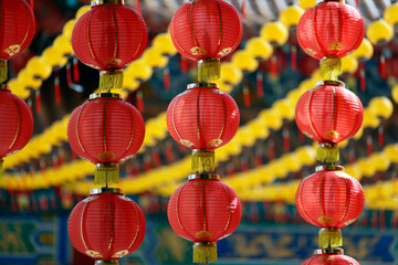 Lanterns decorations at chinese Thean Hou Temple dedicated to the goddess Mazu and Guan Yin. Kuala...