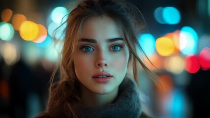Beautiful young woman smiling with happy expression meeting someone close up portrait on blurred city street bokeh lights background. Concept of joyful unexpected encounter