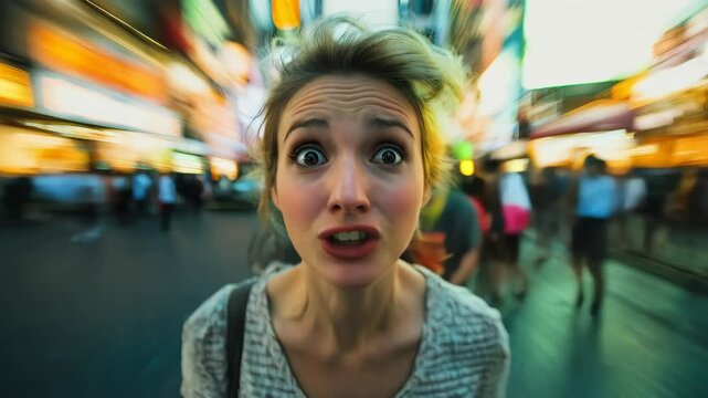 Surprised woman with wide opened eyes and mouth expressing shock on blurred city street with lights and people. Concept of unexpected encounter or flashback
