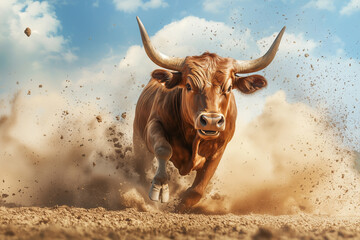 A powerful bull charging through a cloud of dust, showcasing strength and vitality.