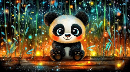   A painting of a panda bear sitting in a field of tall grass with fireflies and grasshoppers in the background is beautiful! The use of color and texture creates a serene atmosphere
