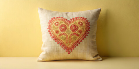 Decorative throw pillow with embroidered heart pattern