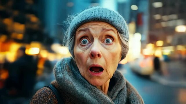 Elderly woman in coat and hat expressing extreme shock and fear looking at camera with opened eyes and mouth on blurred city street background. Concept of unexpected frightening encounter
