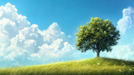 Obraz premium Solitary tree on a grassy hill under a vibrant sky.