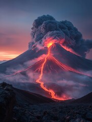 Powerful volcanic eruption: bright red lava streams flowing from the mountain.