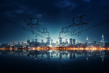 A group of power towers and city skyline at night with lights in far distance. ,.Generative AI