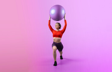 Full body length gaiety shot athletic and sporty young woman with fitness exercising ball in standing posture on isolated background. Healthy active and body care lifestyle.