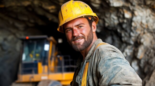 Smiling Miner in a Rocky Tunnel - A Hardworking Individual in the Industry