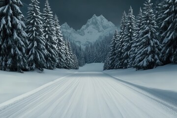 Obraz premium Snow-covered mountain road surrounded by tall evergreen trees in winter