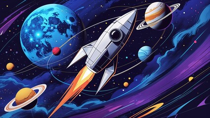 Retro Rocket Launching in Space with Planets Stars and Clouds in Graphic Art Style