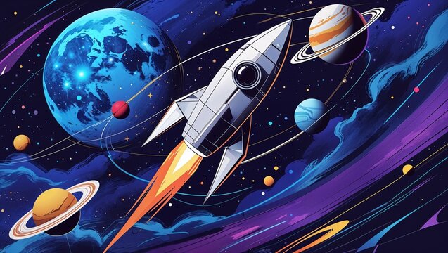 Retro Rocket Launching in Space with Planets Stars and Clouds in Graphic Art Style