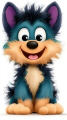   A brown furry animal with big eyes and a smile sits on a white background, wearing blue fur
