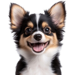 Fototapeta premium A cute and fluffy puppy with white and black fur, black eyes isolated on a transparent background