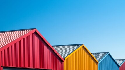Fototapeta premium Colorful Metal Buildings Against a Clear Sky: Striking Architectural Scene