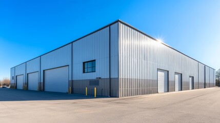 Modern Industrial Warehouse Building with Large Doors and Windows