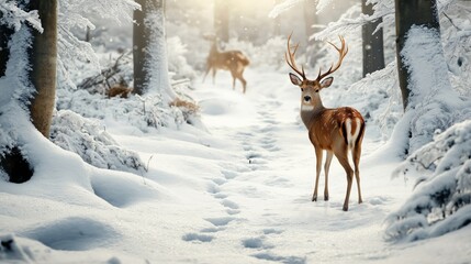 A majestic deer standing on a snow-covered forest path, surrounded by frosted trees, with sunlight streaming through the winter landscape