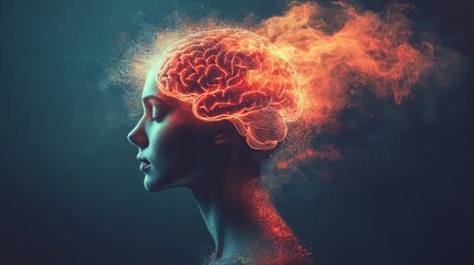 Fototapeta premium Mystical Mind Woman with Glowing Digital Brain Overlay, Particles, and Dark Background