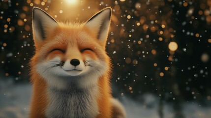A close-up of a smiling red fox with snowflakes falling and warm bokeh lights in the background, creating a magical winter scene