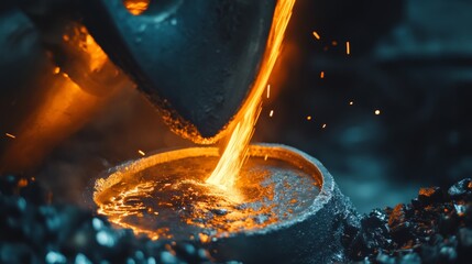 An advanced metal foundry with molten metal pouring into molds, creating intricate industrial parts, Metal foundry scene