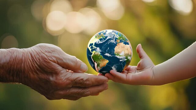 senior hands giving a small model of planet Earth to a child's hands, set against a defocused green background, the concept of environmental responsibility and generational legacy