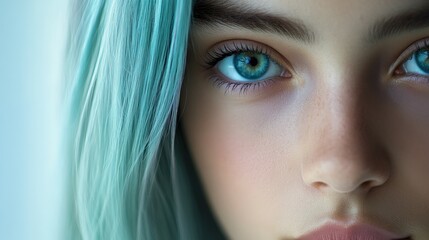 Striking portrait of a young individual with blue hair and captivating eyes