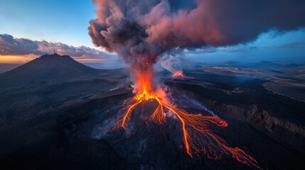 Powerful volcanic eruption: bright red lava streams flowing from the mountain.