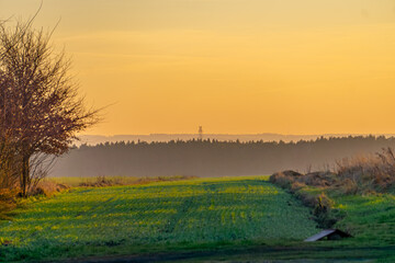 green field in the countryside early winter during colorful orange sunset. idyllic village atmosphere, rural landscape