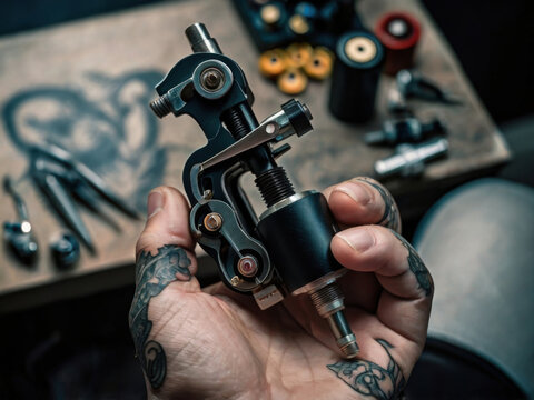 Un tatuador sosteniendo su m&aacute;quina en sus manos
