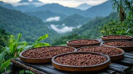 Cacao beans drying on wooden trays with a stunning jungle view in the mountains