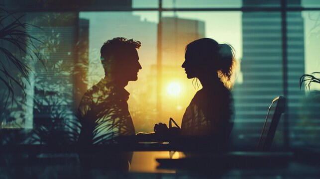 Silhouette of a man and woman in an office at sunset, conveying warmth and connection.