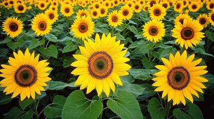 Fototapeta premium Vibrant sunflower field in full bloom under bright sunny sky during summer season