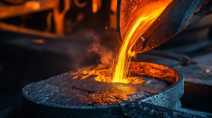 An advanced metal foundry with molten metal pouring into molds, creating intricate industrial parts, Metal foundry scene
