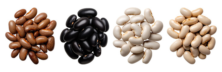 set of small pile of white, black and pinto beans isolated on a transparent background