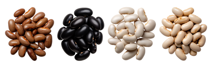 set of small pile of white, black and pinto beans isolated on a transparent background