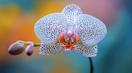 White orchid with spotted purple petals called Leopard Prince symbolizing elegance luxury and mystery hybrid Doritaenopsis species on garden background with modern blurred empty caption space

