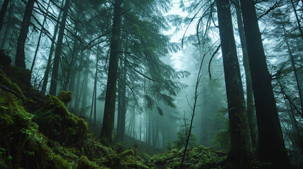 Obraz premium dense foggy mystical forest,.Generative AI