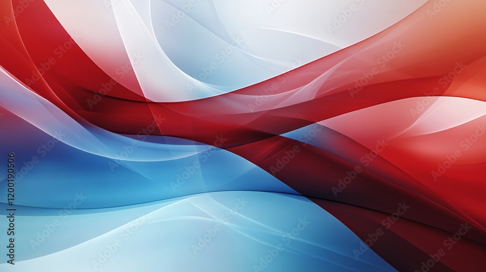Wall mural abstract waves in red, white, and blue tones create a dynamic and flowing composition.