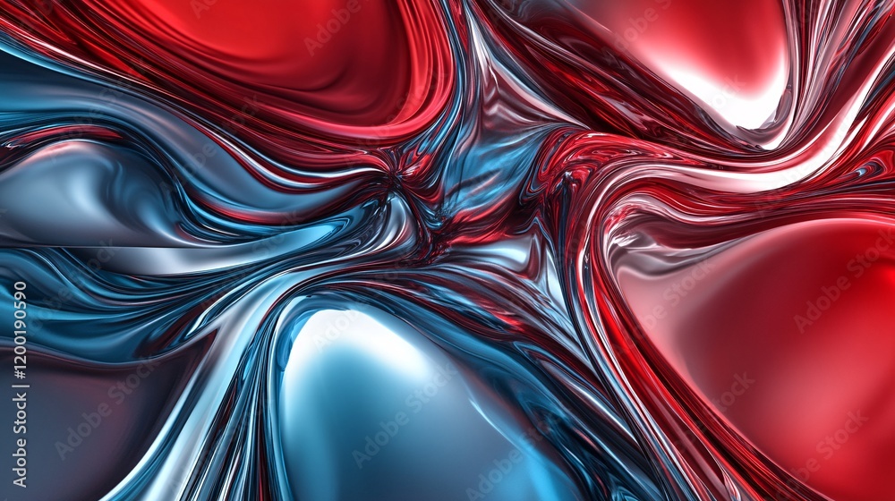 Poster abstract swirl of red and blue metallic textures, creating a vibrant and dynamic visual effect.