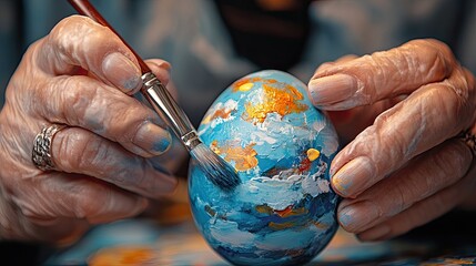 Elderly artist paints a colorful Easter egg with delicate brush strokes in a cozy workshop