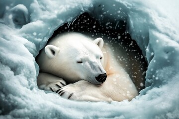 Naklejka premium A serene illustration of a polar bear peacefully resting in a snow-covered den, surrounded by soft falling snowflakes and icy textures, evoking winter tranquility and Arctic beauty