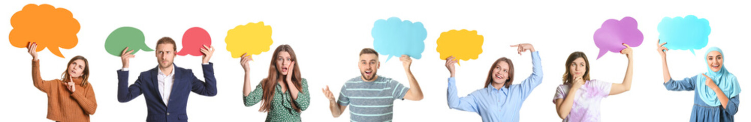 Set of many people with blank speech bubbles on white background