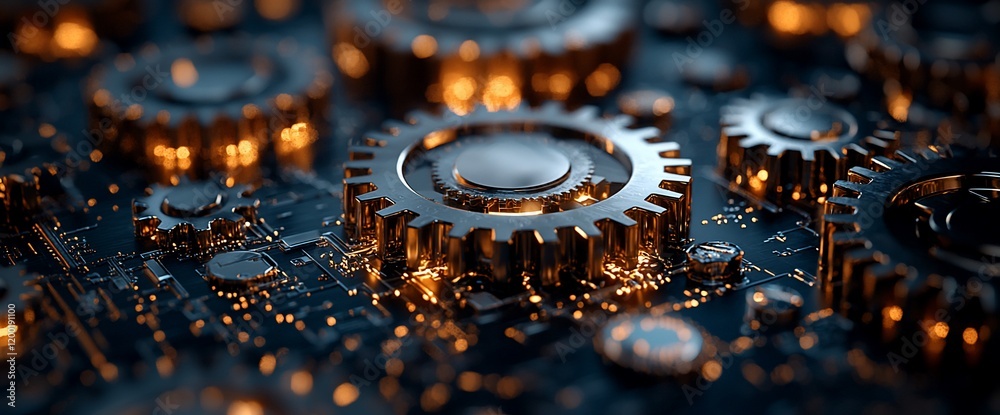 Poster close-up of intricate metallic gears on a circuit board.