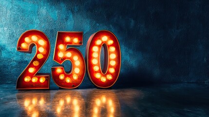 Illuminated Vintage Number 250 with Glowing Bulbs on Reflective Surface and Textured Background