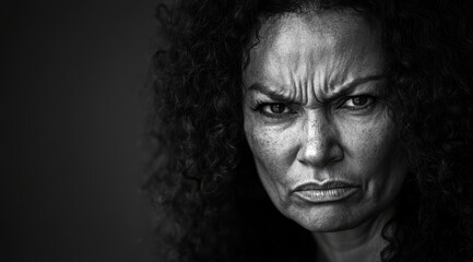 Obraz premium Black-and-white portrait of an angry, middle-aged, mixed-race woman with curly hair