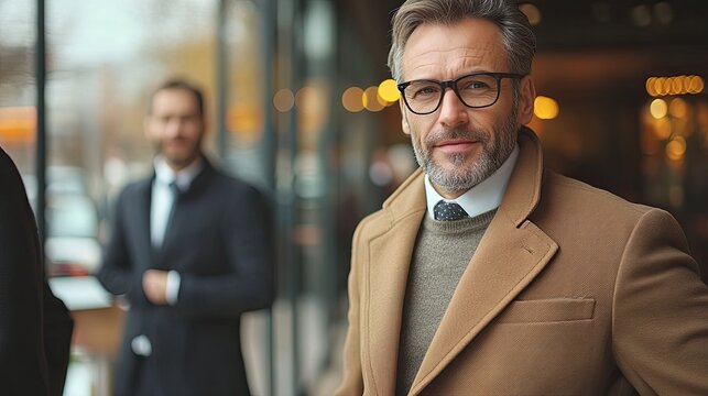Middle-aged man in stylish coat and glasses standing outside an upscale venue while a friend chats in the background