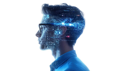 Innovative concept of human intelligence enhanced by technology isolate on transparent background, cutout